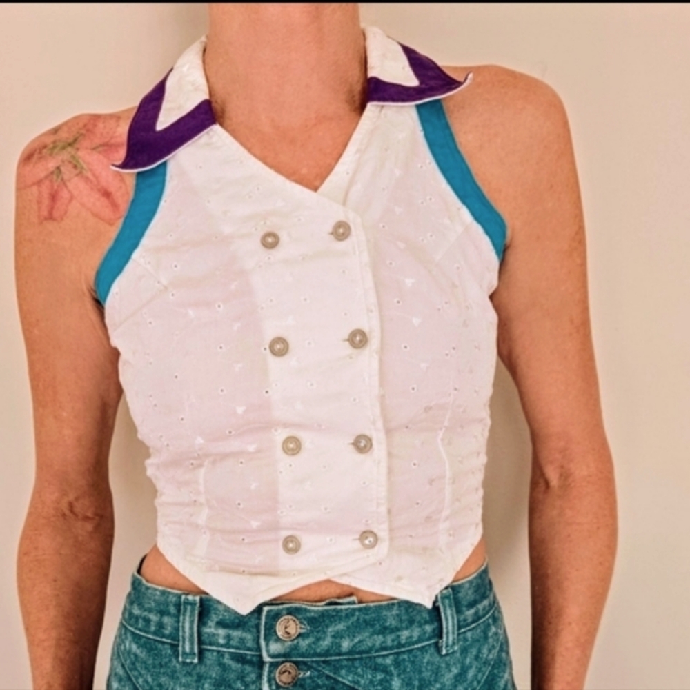 👾VTG Western eyelet crop color block shirt